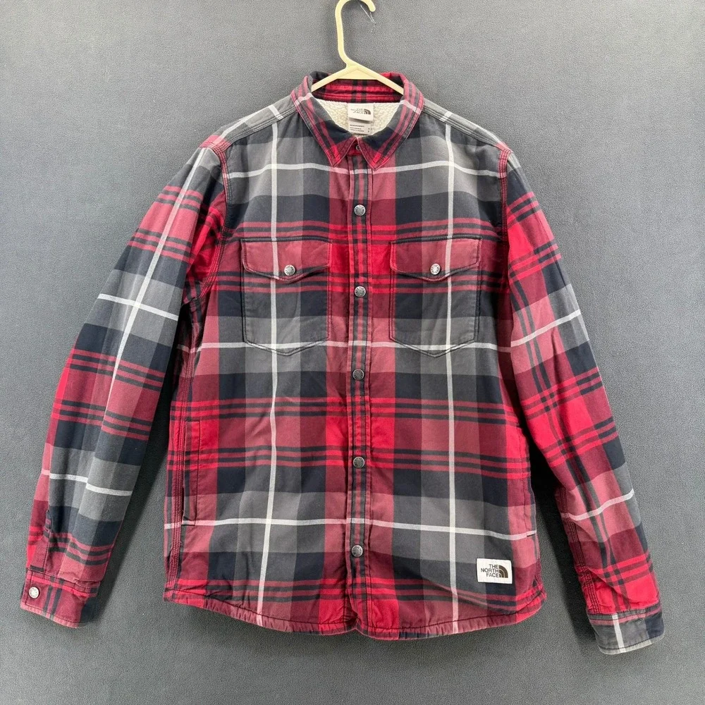 The North Face Mens Red Plaid Sherpa Lined Campshire Flannel Shacket Small